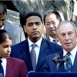 "Mayor Mike Bloomberg giving a speech at the Ribbon Cutting for the new High Bridge Access Trail at 165th Street and Edgecombe Avenue in the Washington Heights Neighborhood of Manhattan. "